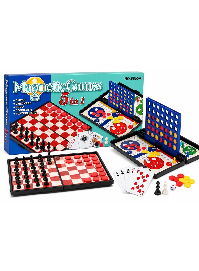 5 in 1 Magnetic Game Set - Chess, Checkers, Ludo, Connect 4 and Playing Cards - Image 1