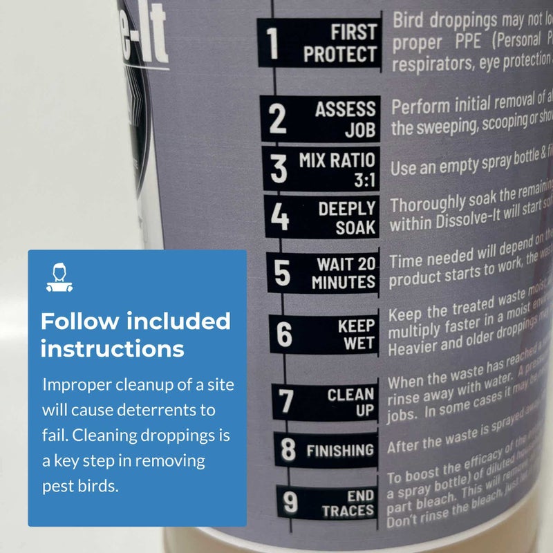 Bird Barrier Dissolve-It Max Enzyme Cleaner - Bird Dropping Cleaner - Dissolves Waste – Treat Affected Areas Before Installing Bird Control Products - Bird Cage Cleaner - 1 Pint Makes 1/2 Gallon - Image 4