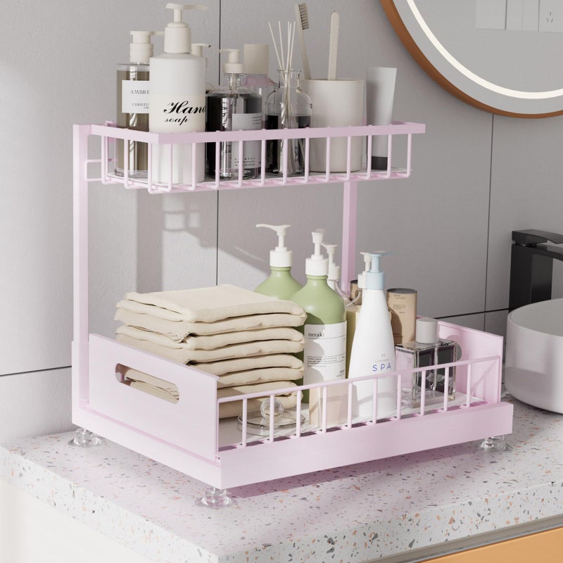 Saydear Under Sink Organizer Storage 2-Tier Premium Metal Pull-Out Kitchen Cabinet Organizer with Sliding Drawer, Height Adjustable, Heavy Duty for Kitchen & Bathroom Organizers 1 Pack Pink - Image 3