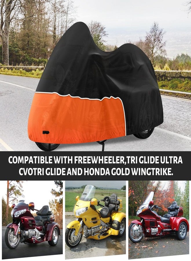 Keyless4U Trike Cover, Waterproof Internal Composite Cotton 3 Wheel Motorcycle Cover for Harley Davidson, Honda Goldwing, Kawasaki Trike Accessories, with Windproof Buckle, Reflective Strap, Black&Orange - Image 3