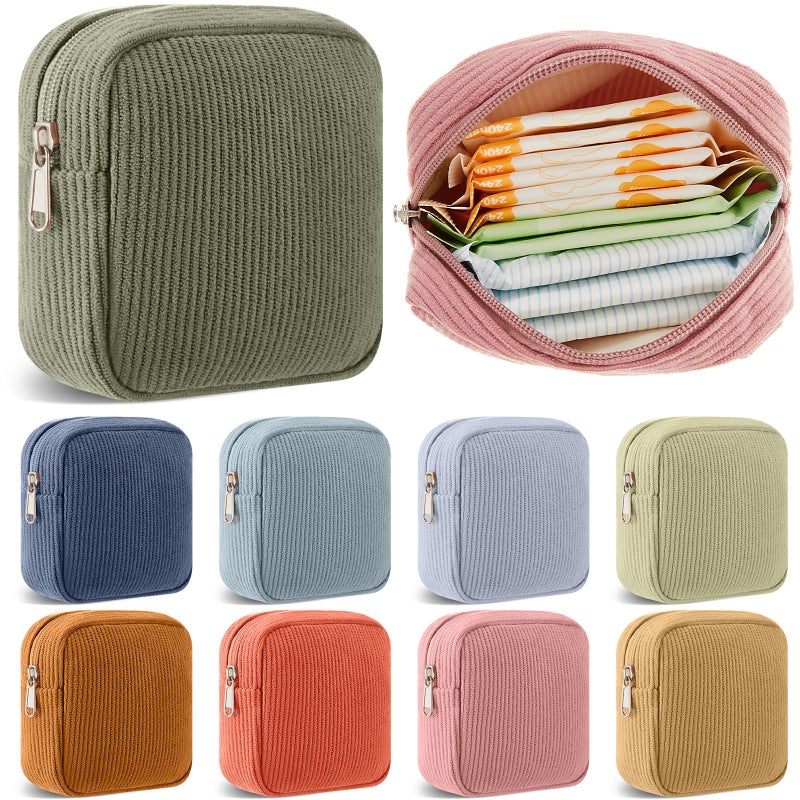 Dansydaisy 9 Pcs Sanitary Storage Pouch Mini Corduroy Makeup Bag Valentine's Day Period Pouch Gift Tampon Bag for Women Teacher Purse Small Portable Wallet with Zipper for Travelling(Vintage Color) - Image 1