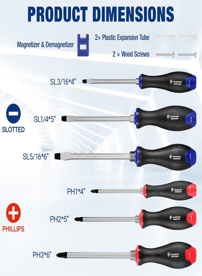 ووركبرو مجموعة مفكات براغي مغناطيسية من WORKPRO، مكونة من 12 قطعة، مع رف تثبيت على الحائط، تتضمن مفكات براغي مشقوقة وفيليبس، ومفك براغي مغناطيسي مع أدوات إزالة المغناطيسية - Image 4