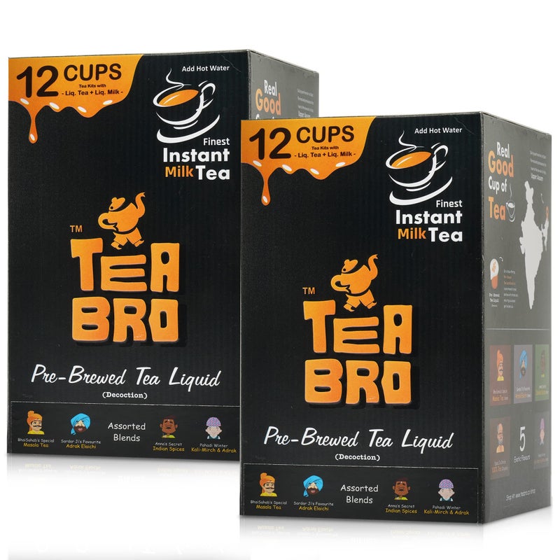 TEA BRO شاي برو، شاي حليب فوري (صندوق متنوع - جميع النكهات) - عبوة من 2 | شاي سائل مُعد مسبقًا (مركز) | فقط أضف الماء الساخن | لكل عبوة - 12 مجموعة شاي مع (شاي سائل + حليب سائل + سكر) - صندوق متنوع - Image 1