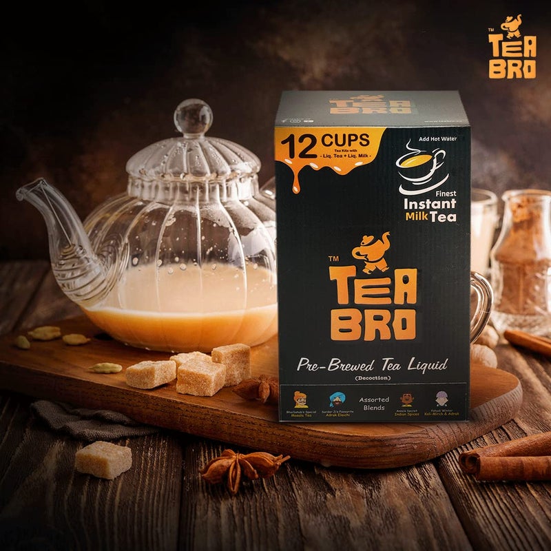 TEA BRO شاي برو، شاي حليب فوري (صندوق متنوع - جميع النكهات) - عبوة من 2 | شاي سائل مُعد مسبقًا (مركز) | فقط أضف الماء الساخن | لكل عبوة - 12 مجموعة شاي مع (شاي سائل + حليب سائل + سكر) - صندوق متنوع - Image 2