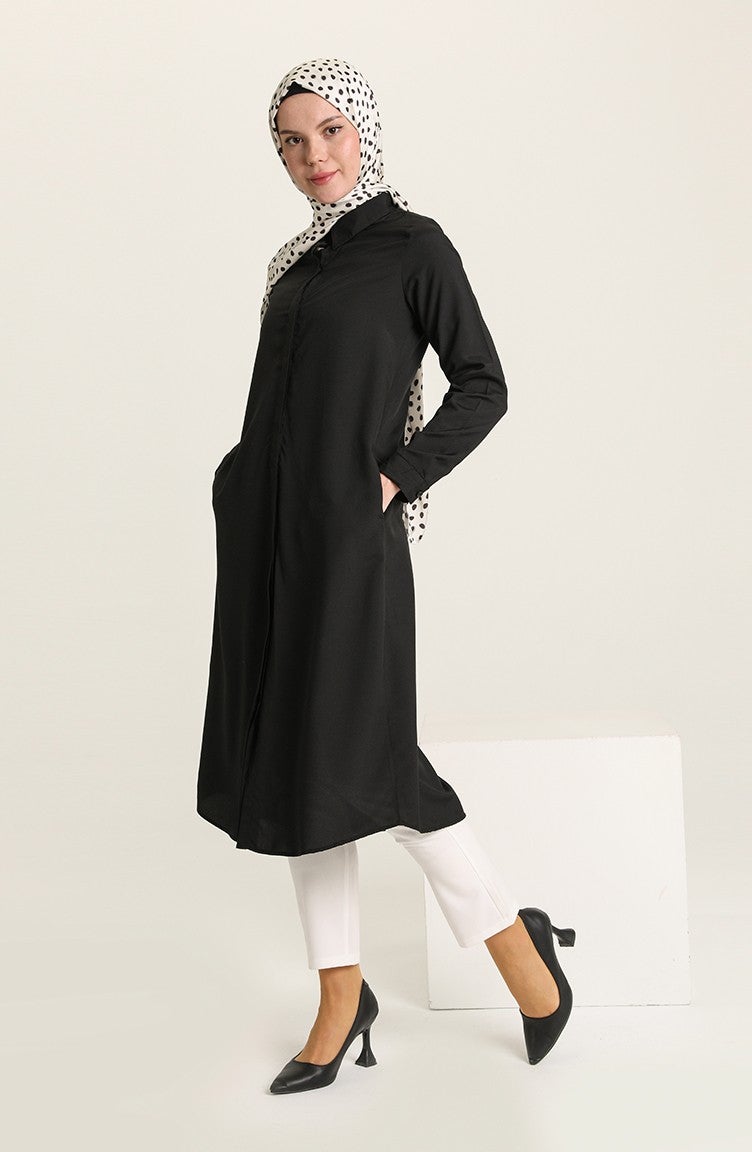 Sefa Merve Pocket Hidden Placket Viscose Tunic 6435-07 Black  - Image 1