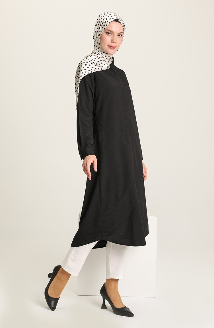 Sefa Merve Pocket Hidden Placket Viscose Tunic 6435-07 Black  - Image 2