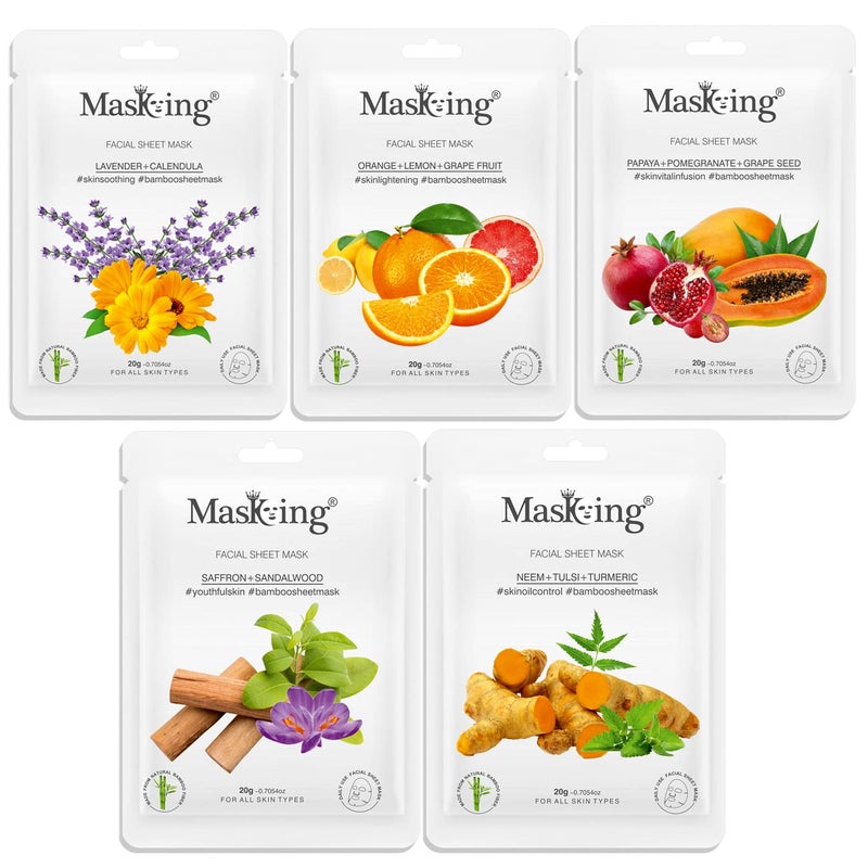 MasKing Bamboo Facial Sheet Mask of Lavender Orange Papaya Neem Saffron Ideal for Women Men 100ml Combo Pack of 5 - Image 1