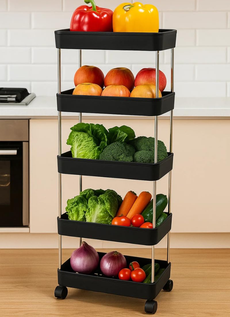 Leaffybezz Made for Amazon Plastic Space Saving Storage Organizer Rack Shelf with Wheels for Kitchen, Office, Bathroom and Bedroom (5 Layer, Black) - Image 1