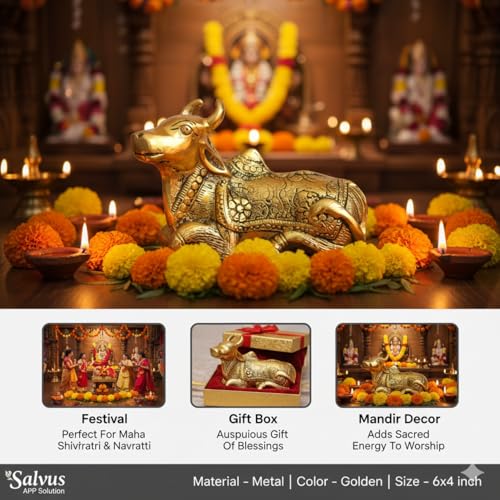 Salvus APP SOLUTIONS Handmade Metal Nandi Statue for Shivling for Daily Worship & Blessing (Gold 6x4 INCH) - Image 3