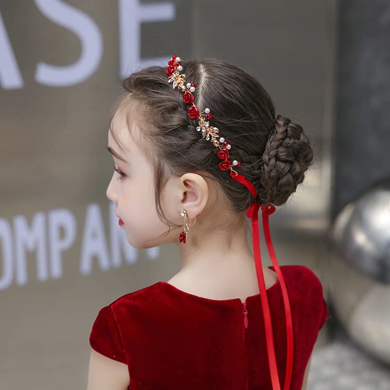 Aswewamt 2 Pcs Flower Crown Headband Rhinestone Pearl Tiara Rose Bride Crown Crystal Red Headband Wedding Headpiece Hair Jewelry for Women - Image 3
