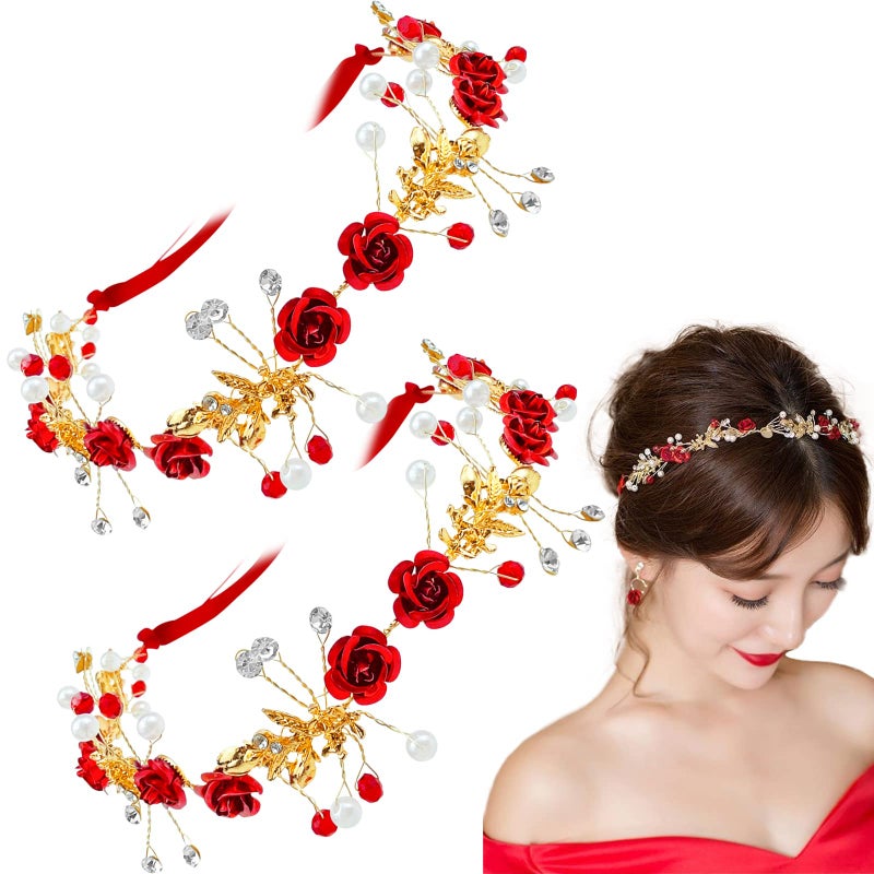 Aswewamt 2 Pcs Flower Crown Headband Rhinestone Pearl Tiara Rose Bride Crown Crystal Red Headband Wedding Headpiece Hair Jewelry for Women - Image 1
