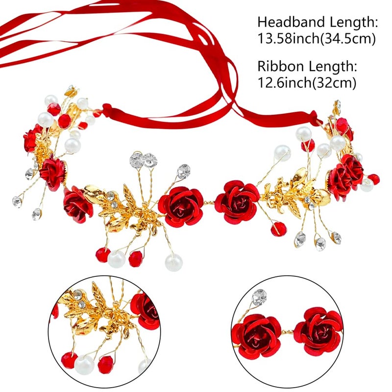 Aswewamt 2 Pcs Flower Crown Headband Rhinestone Pearl Tiara Rose Bride Crown Crystal Red Headband Wedding Headpiece Hair Jewelry for Women - Image 2