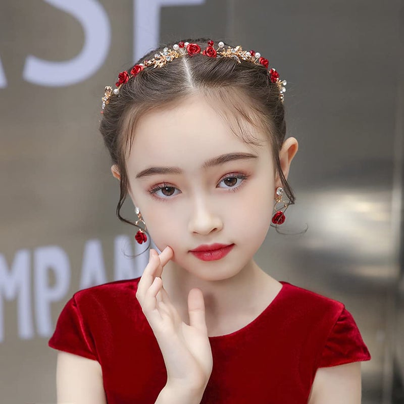 Aswewamt 2 Pcs Flower Crown Headband Rhinestone Pearl Tiara Rose Bride Crown Crystal Red Headband Wedding Headpiece Hair Jewelry for Women - Image 4