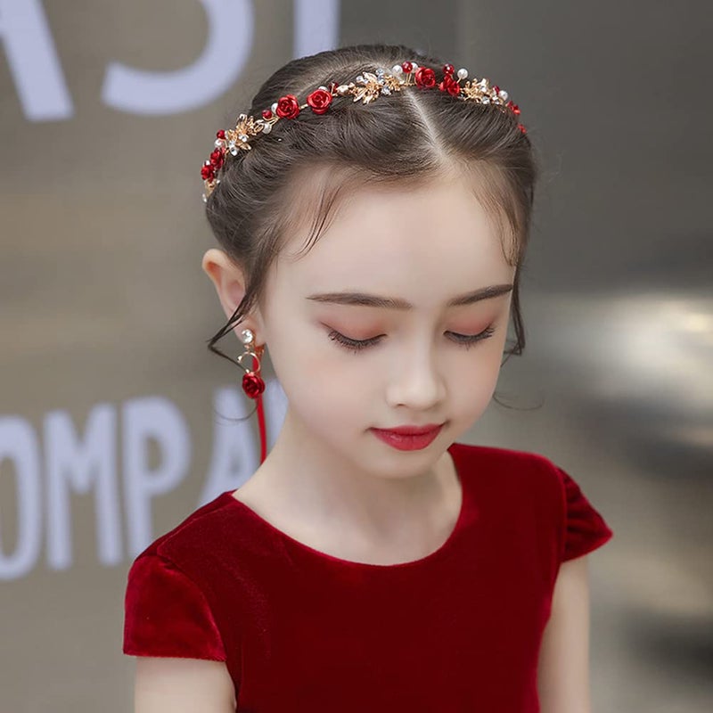 Aswewamt 2 Pcs Flower Crown Headband Rhinestone Pearl Tiara Rose Bride Crown Crystal Red Headband Wedding Headpiece Hair Jewelry for Women - Image 5