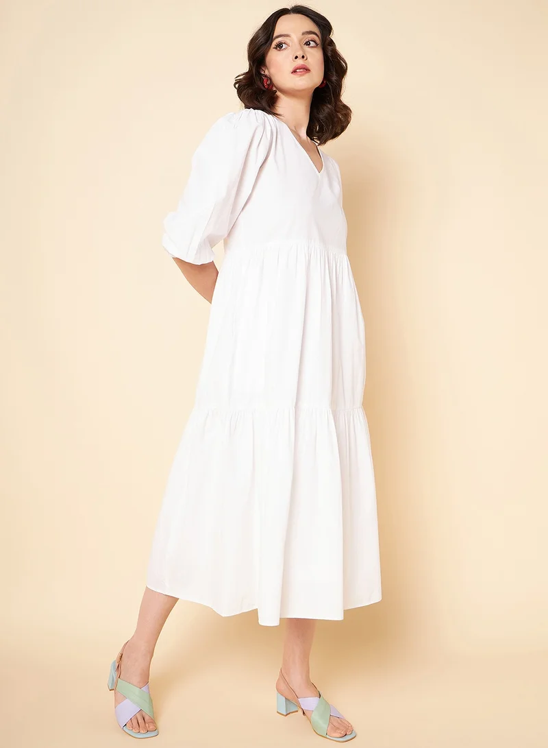 HIGH STAR Puff Sleeves Tiered Fit & Flare White Midi Dress for Women