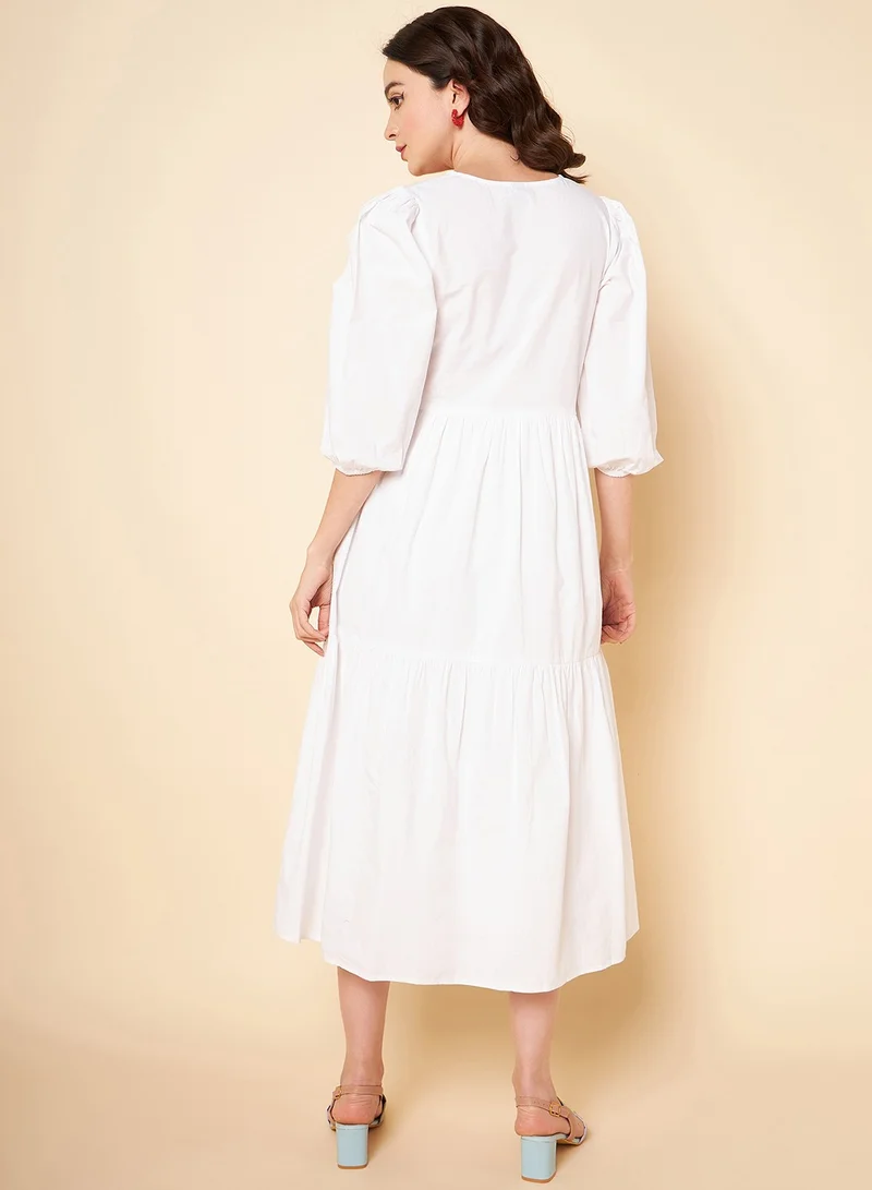HIGH STAR Puff Sleeves Tiered Fit & Flare White Midi Dress for Women