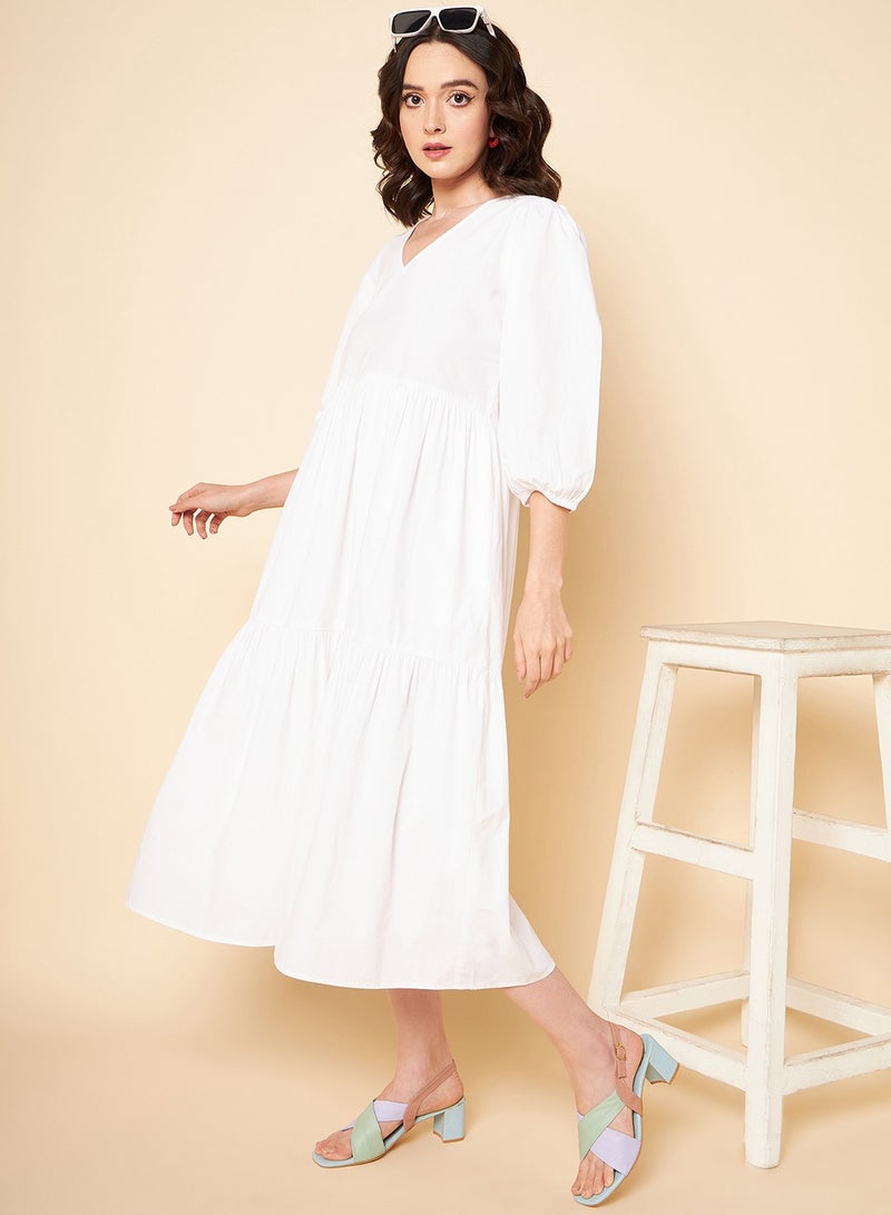 HIGH STAR Puff Sleeves Tiered Fit & Flare White Midi Dress for Women - Image 1