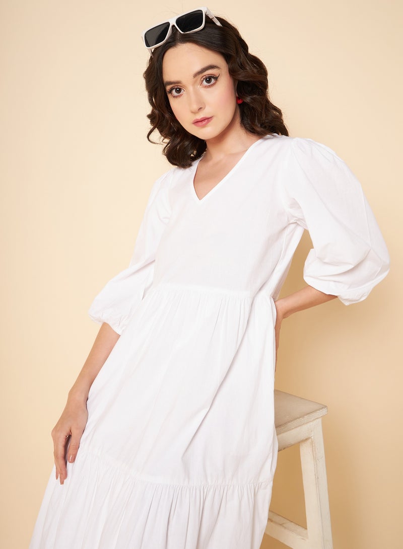 HIGH STAR Puff Sleeves Tiered Fit & Flare White Midi Dress for Women - Image 2