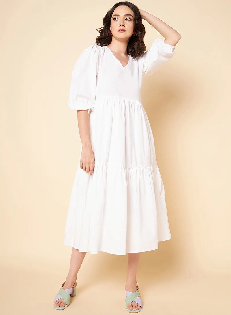HIGH STAR Puff Sleeves Tiered Fit & Flare White Midi Dress for Women