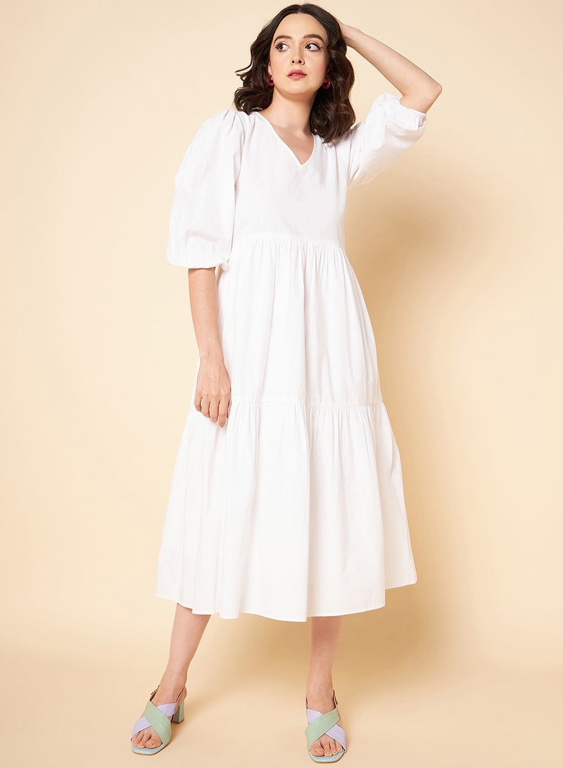 HIGH STAR Puff Sleeves Tiered Fit & Flare White Midi Dress for Women - Image 3