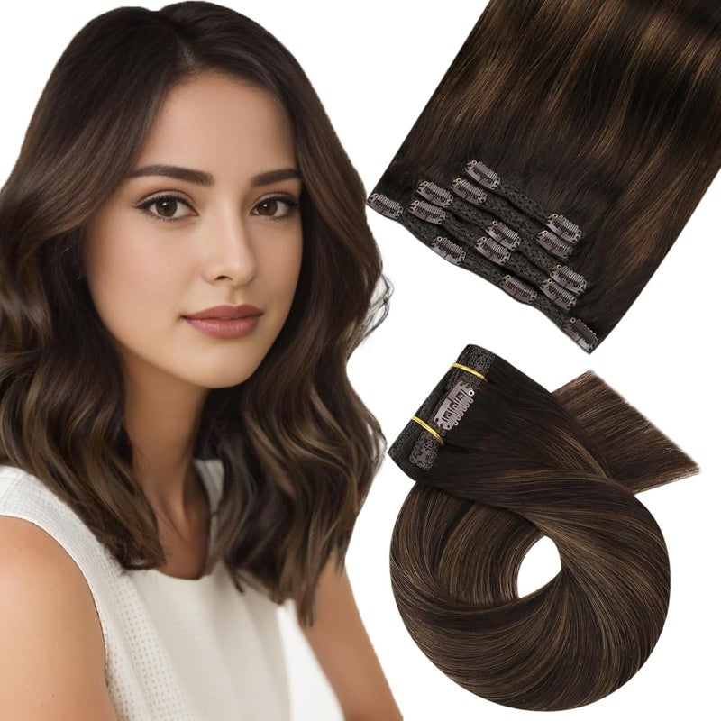 Moresoo Clip on Hair Extensions Ombre Brown Double Weft Hair Extensions Real Human Hair Clip ins Balayage Darkest Brown with Chesnut Brown Clip in Hair Extensions Full Head 5pcs 80G 10inch