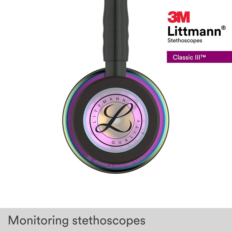 3M Littmann ستيثوسكوب 3M ليتمان كلاسيك III للمراقبة، 5870، أكثر من ضعف الصوت*، وزن أقل**، قطعة صدر من الفولاذ المقاوم للصدأ بتشطيب قوس قزح، أنبوب أسود بطول 27 بوصة، الساق وسماعة الرأس - Image 4