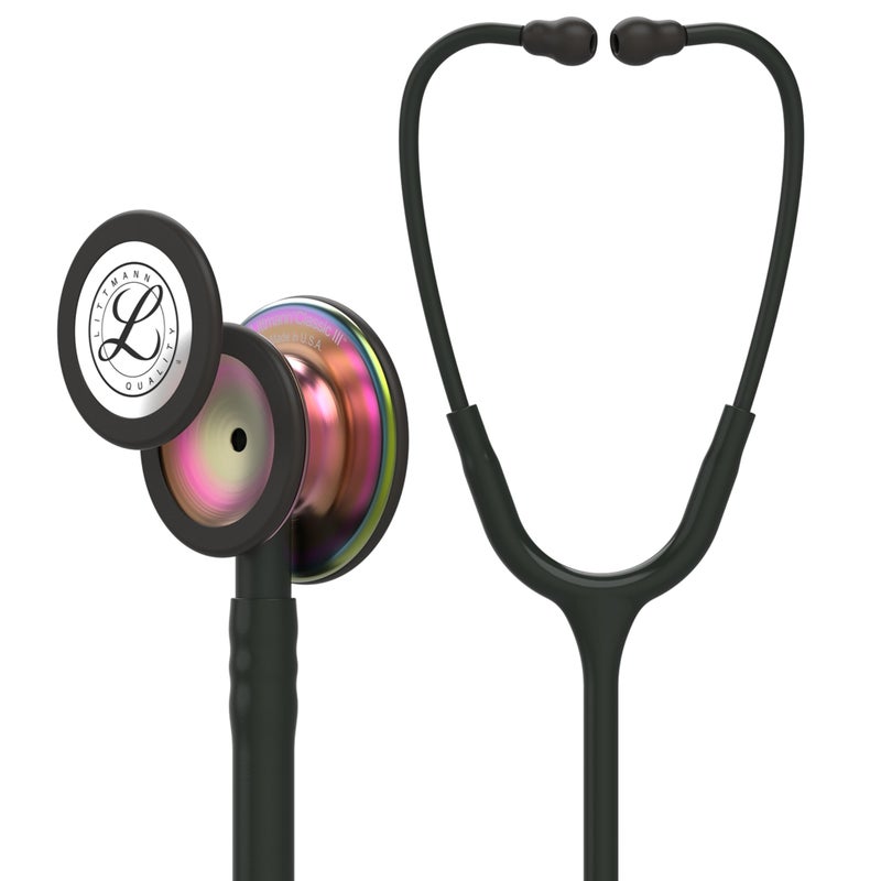 3M Littmann ستيثوسكوب 3M ليتمان كلاسيك III للمراقبة، 5870، أكثر من ضعف الصوت*، وزن أقل**، قطعة صدر من الفولاذ المقاوم للصدأ بتشطيب قوس قزح، أنبوب أسود بطول 27 بوصة، الساق وسماعة الرأس - Image 1