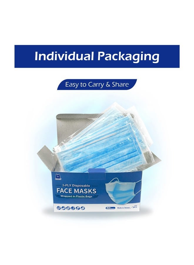 BLUE EAGLE Disposable Face Mask 50 Pack Individually Wrapped For Adults 3 Layer Face Mask With Nose Wire, Elastic Ear loops - Image 4