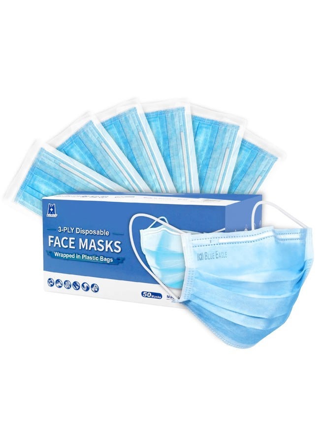 BLUE EAGLE Disposable Face Mask 50 Pack Individually Wrapped For Adults 3 Layer Face Mask With Nose Wire, Elastic Ear loops - Image 1