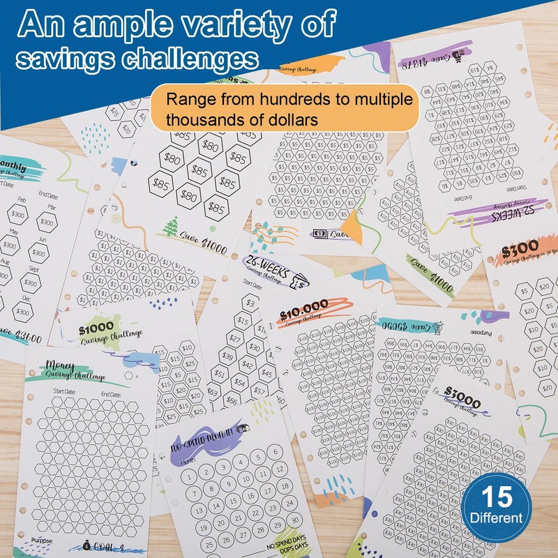 MANWU Laminated Money Savings Challenge Trackers for 6-Ring A6 Binders,Reusable cash Savings Tracker sheets,multiple budget cards for savings journey planner(15pcs) - Image 2