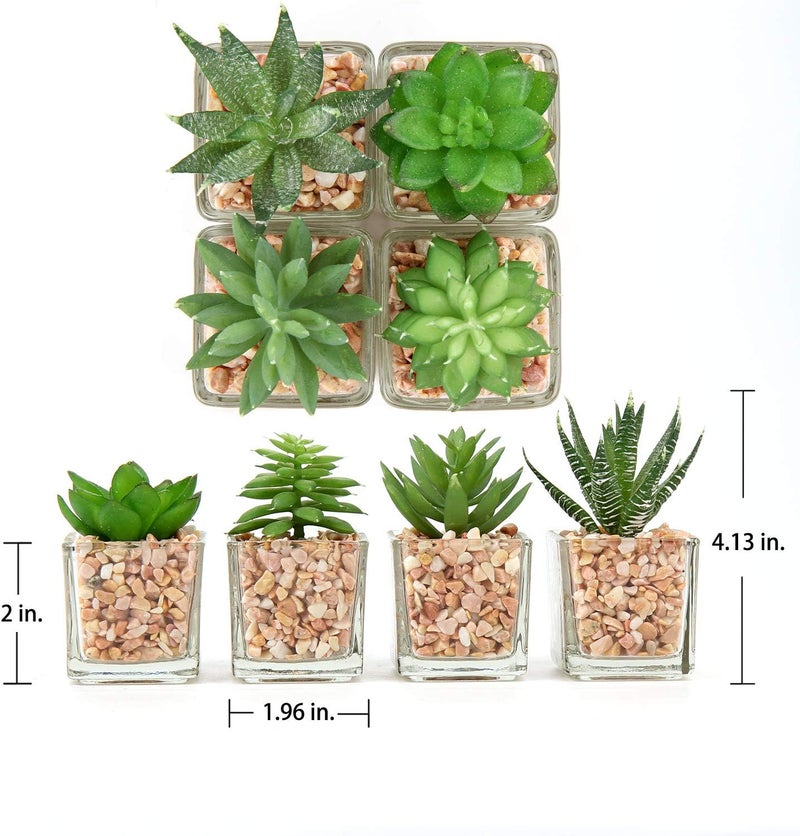 Briful Mini Fake Plants 4 Packs Succuletns Artificial Potted Plants in Cube Glass Vase Faux Succulents for Bathroom Living Room Kitchen Shelf Table Decor - Image 2