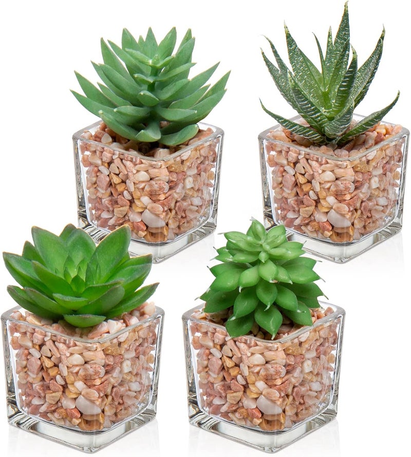 Briful Mini Fake Plants 4 Packs Succuletns Artificial Potted Plants in Cube Glass Vase Faux Succulents for Bathroom Living Room Kitchen Shelf Table Decor - Image 1