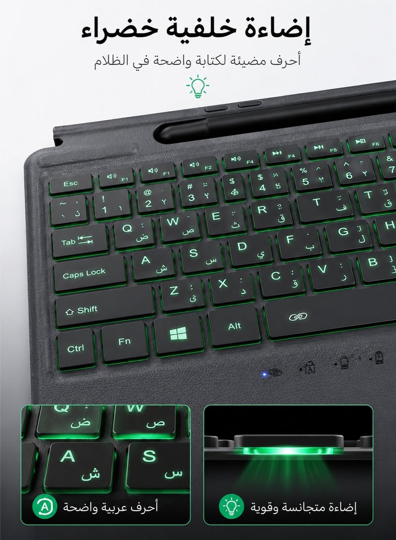 TUNKE Arabic-English 7-Color Backlit Bluetooth Keyboard with Trackpad – Compatible with Surface Pro 8 / 9 / 10 / 11 / 13/X, Magnetic Detachable Design - Image 4