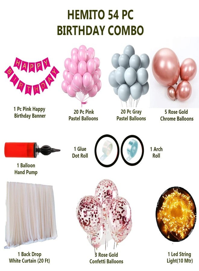 Hemito 54 Pc Birthday Decoration Kit– Pink Gray Pastel Balloon with Birthday Banner, Arc, Glue Dot for Girls Kids Baby Birthday Decoration Items | Birthday Decoration Combo - Image 2