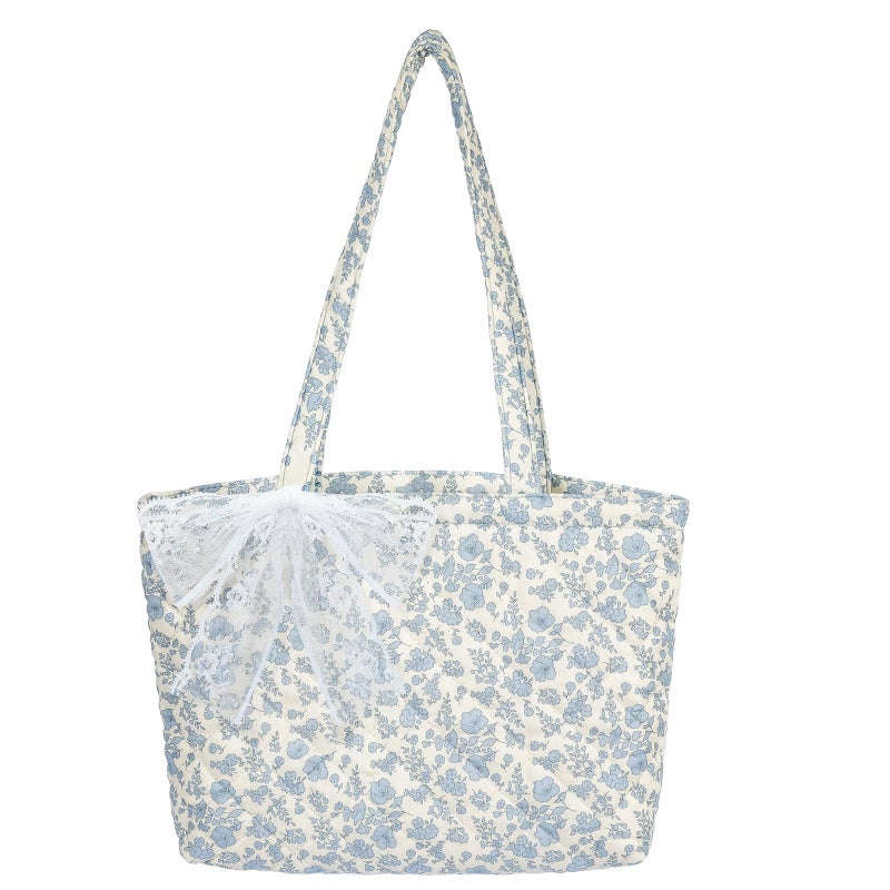 shiprabags Quilted Small Tote Bag for Women, Lightweight Floral Shoulder Bag,Soft College Travel Work Bag Everyday Purse (blue floral, M) - Image 1