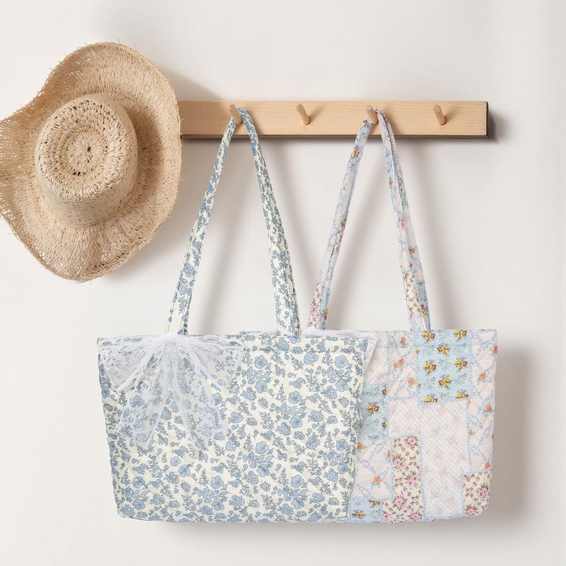 shiprabags Quilted Small Tote Bag for Women, Lightweight Floral Shoulder Bag,Soft College Travel Work Bag Everyday Purse (blue floral, M) - Image 3