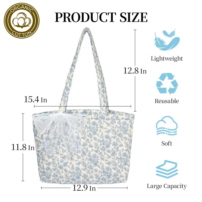 shiprabags Quilted Small Tote Bag for Women, Lightweight Floral Shoulder Bag,Soft College Travel Work Bag Everyday Purse (blue floral, M) - Image 4