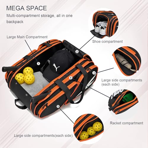 TILDOSAC Versatile Pickleball Backpack For Sport, Large Paddles Duffle Bag With Shoes Compartment For Travel Black - Image 2