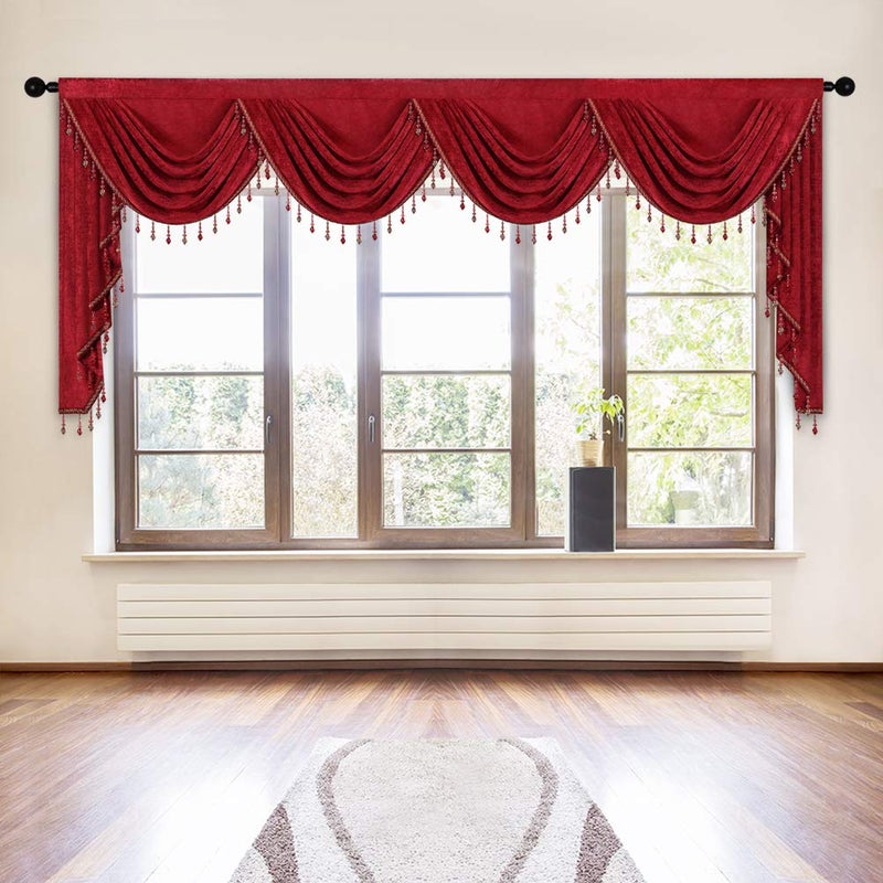 ELKCA Thick Chenille Window Curtains Valance for Living Room Burgundy Red Valance with Beads for Festival HolidayRod Pocket W110inch1 Panel