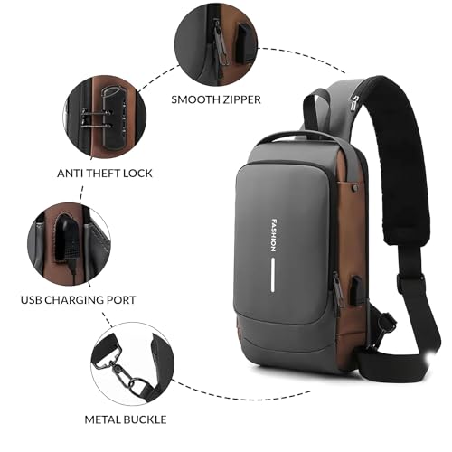TS WITH TECHSUN Waterproof Anti-theft Crossbody Bag With Password Zipper Lock & USB Charging Port, Men's Shoulder Chest Daypack Bag Travel Hiking Sling Backpack - Image 5