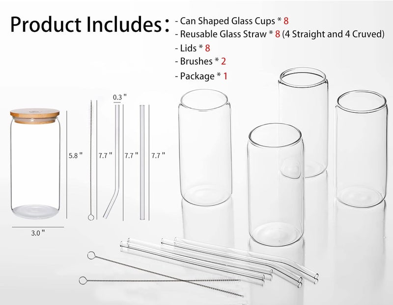 MMonDod 8 Pack 16 oz Glass Cups with Lids and StrawsIced Coffee CupGlass Beer Cups with Bamboo Lids and StrawsCan Shaped Glass CupsGlass Soda Can Cup Can Tumbler Glasses with Lid and Straw - Image 2