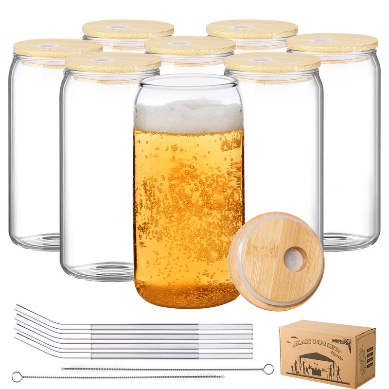 MMonDod 8 Pack 16 oz Glass Cups with Lids and StrawsIced Coffee CupGlass Beer Cups with Bamboo Lids and StrawsCan Shaped Glass CupsGlass Soda Can Cup Can Tumbler Glasses with Lid and Straw - Image 1