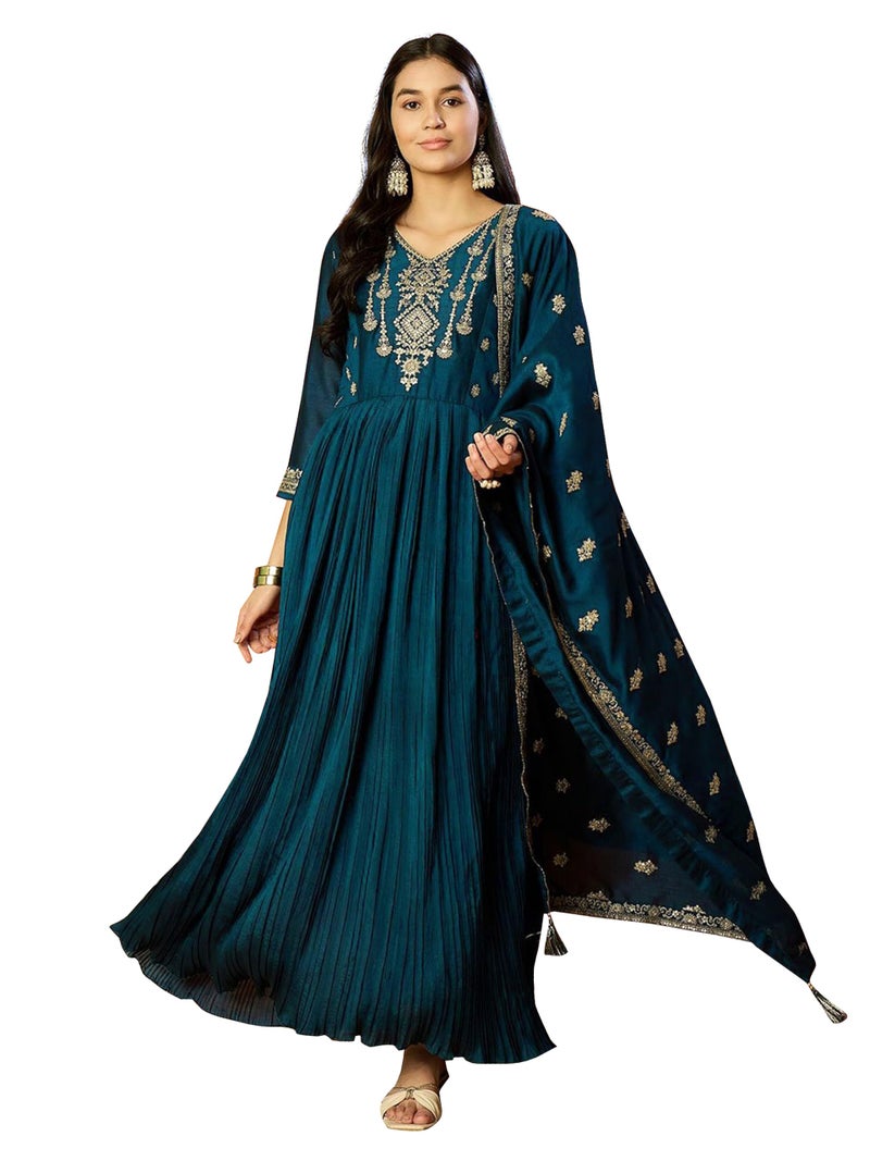 TRENDMALLS Women's Vichitra Silk Embroidery Salwar Suit Set Anarkali Kurta Set with Dupatta (G329-Morpeach-L) - Image 1