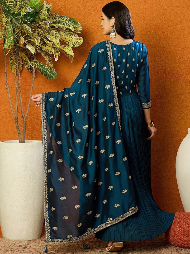 TRENDMALLS Women's Vichitra Silk Embroidery Salwar Suit Set Anarkali Kurta Set with Dupatta (G329-Morpeach-L) - Image 2
