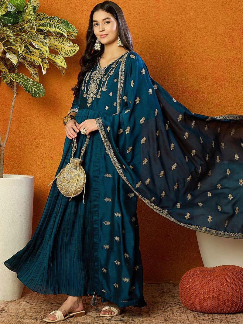 TRENDMALLS Women's Vichitra Silk Embroidery Salwar Suit Set Anarkali Kurta Set with Dupatta (G329-Morpeach-L) - Image 3