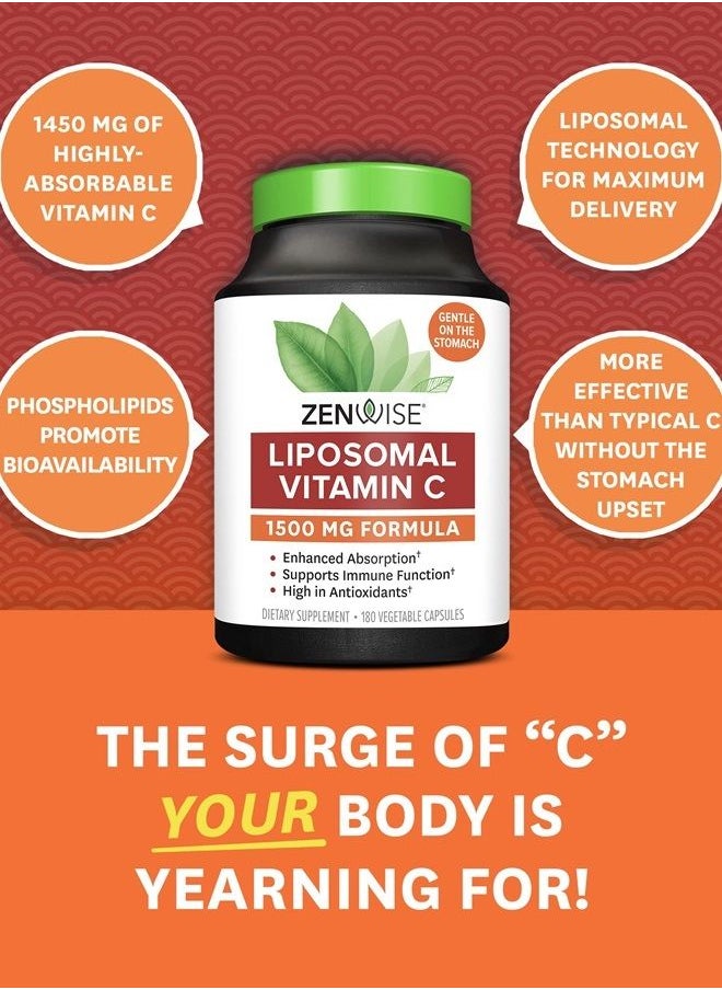 Zenwise Health - Zenwise Vitamin C Liposomal Ascorbic Acid – 1000 MG of Organic Highly Bio Available Vitamin C for Immune Health, Natural Energy Boost, and Skin Care Support - 3 Month Supply - 180 Capsules - Image 1