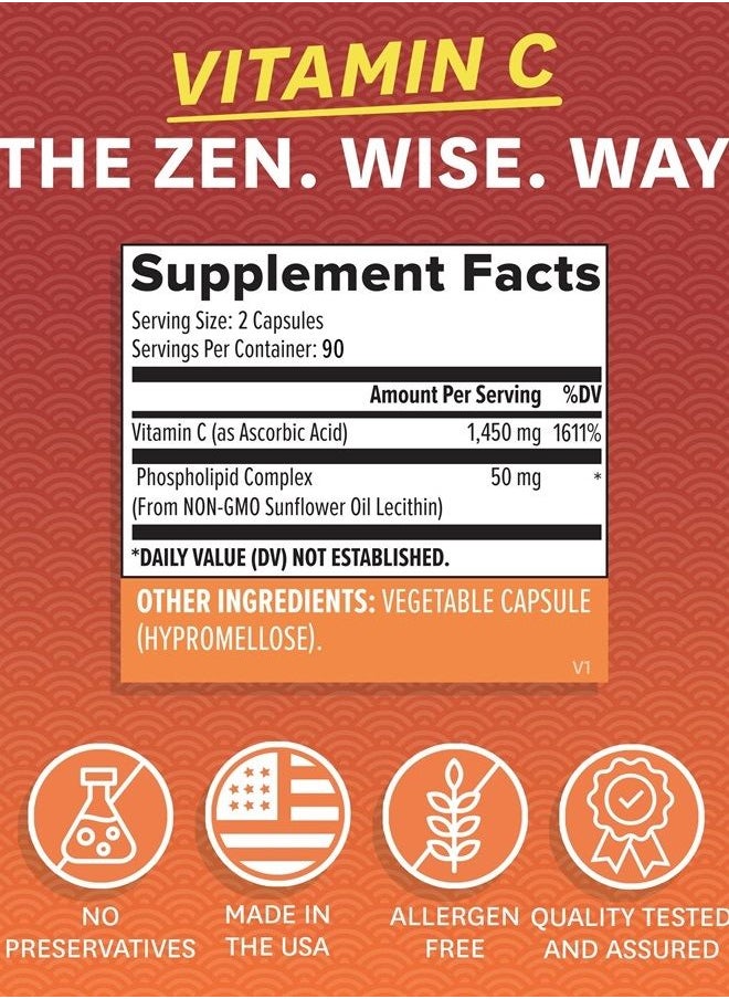 Zenwise Health - Zenwise Vitamin C Liposomal Ascorbic Acid – 1000 MG of Organic Highly Bio Available Vitamin C for Immune Health, Natural Energy Boost, and Skin Care Support - 3 Month Supply - 180 Capsules - Image 1