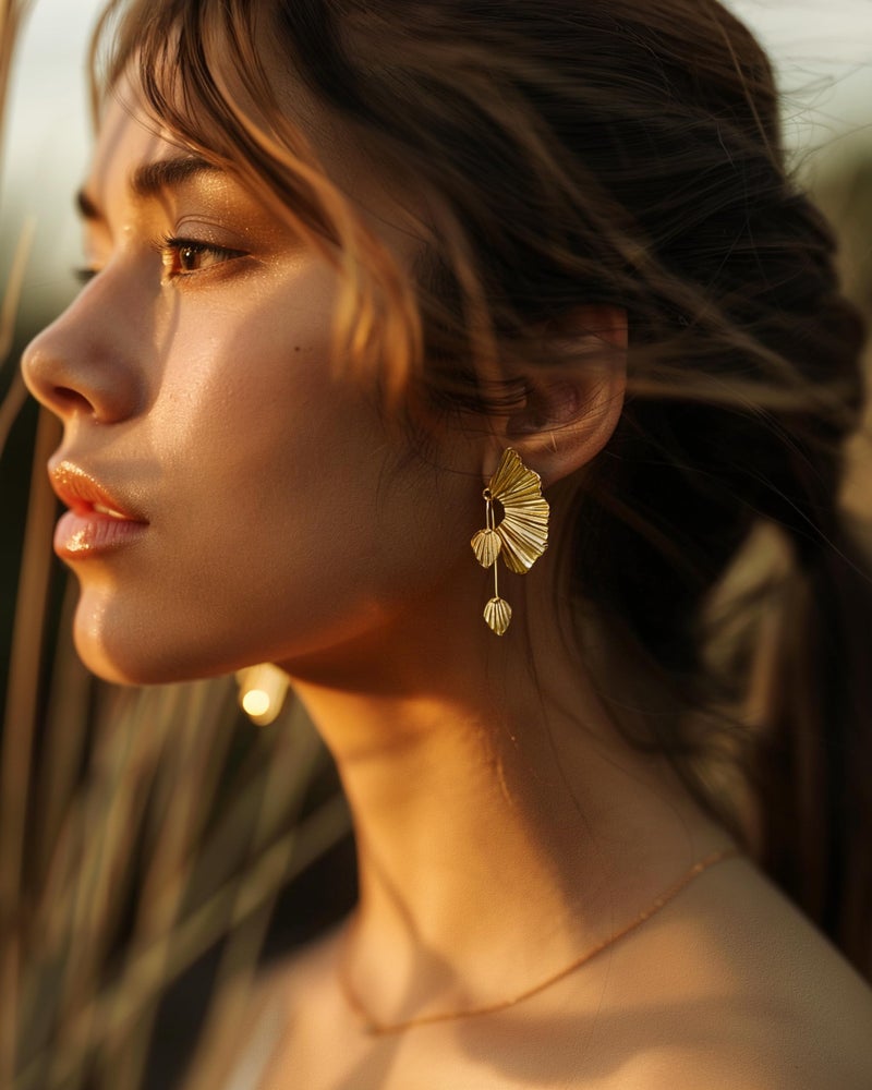 SNGIA 18K Gold Plated Statement Earrings for Women by SNGIA, Chunky Dangle Leaf Fan Shape Flower Earrings, Vintage Boho Accessories by SNGIA, 18K Gold Plated Trendy Fashion Jewelry Gifts - Image 3