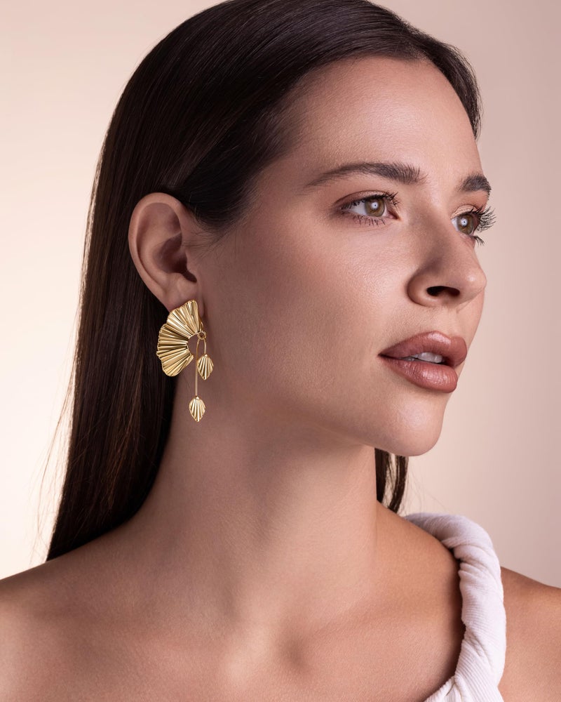 SNGIA 18K Gold Plated Statement Earrings for Women by SNGIA, Chunky Dangle Leaf Fan Shape Flower Earrings, Vintage Boho Accessories by SNGIA, 18K Gold Plated Trendy Fashion Jewelry Gifts - Image 2