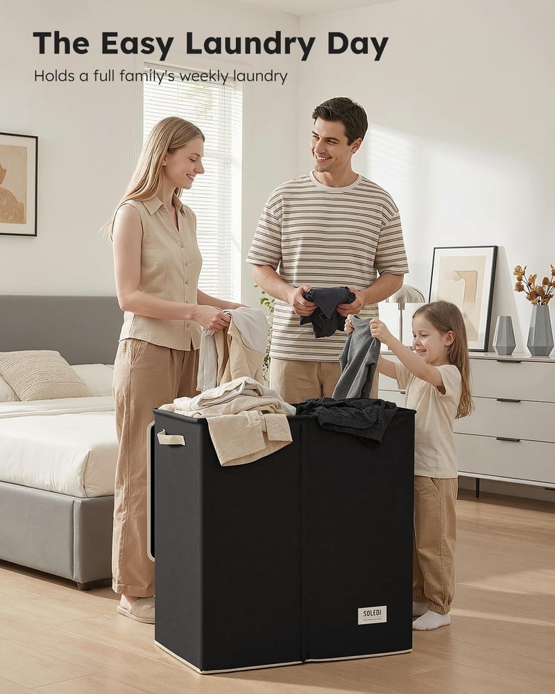 SOLEDI Large Double Laundry Hamper with Lid, Collapsible Clothes Hamper 2 section with Removable Bags, Space-Saving Laundry Basket for Bedroom, Dorm, College - Image 3